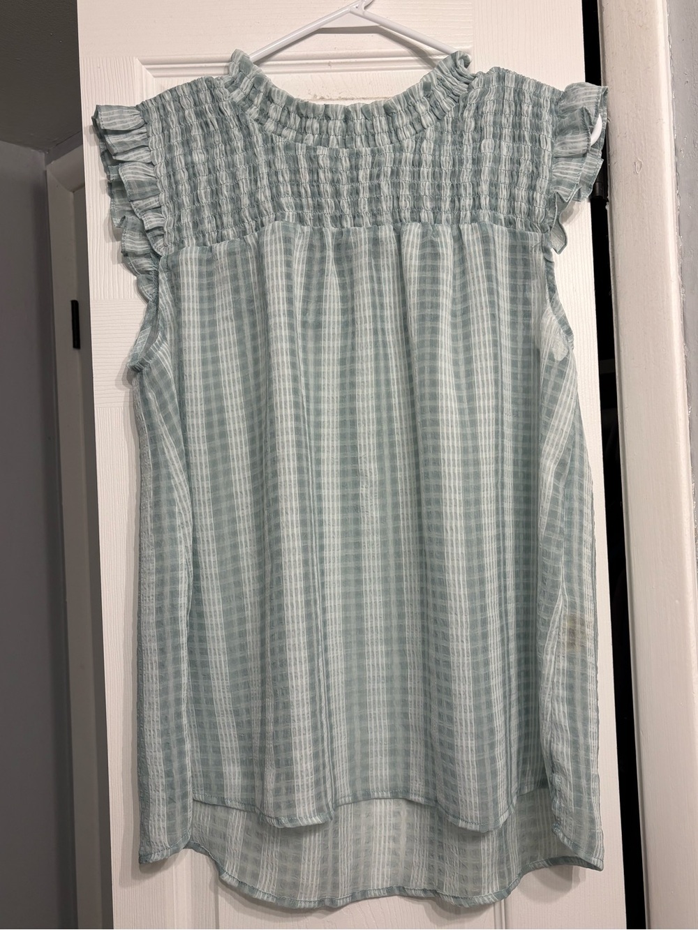 Light Blue Green Ruffled Gingham Women’s Top